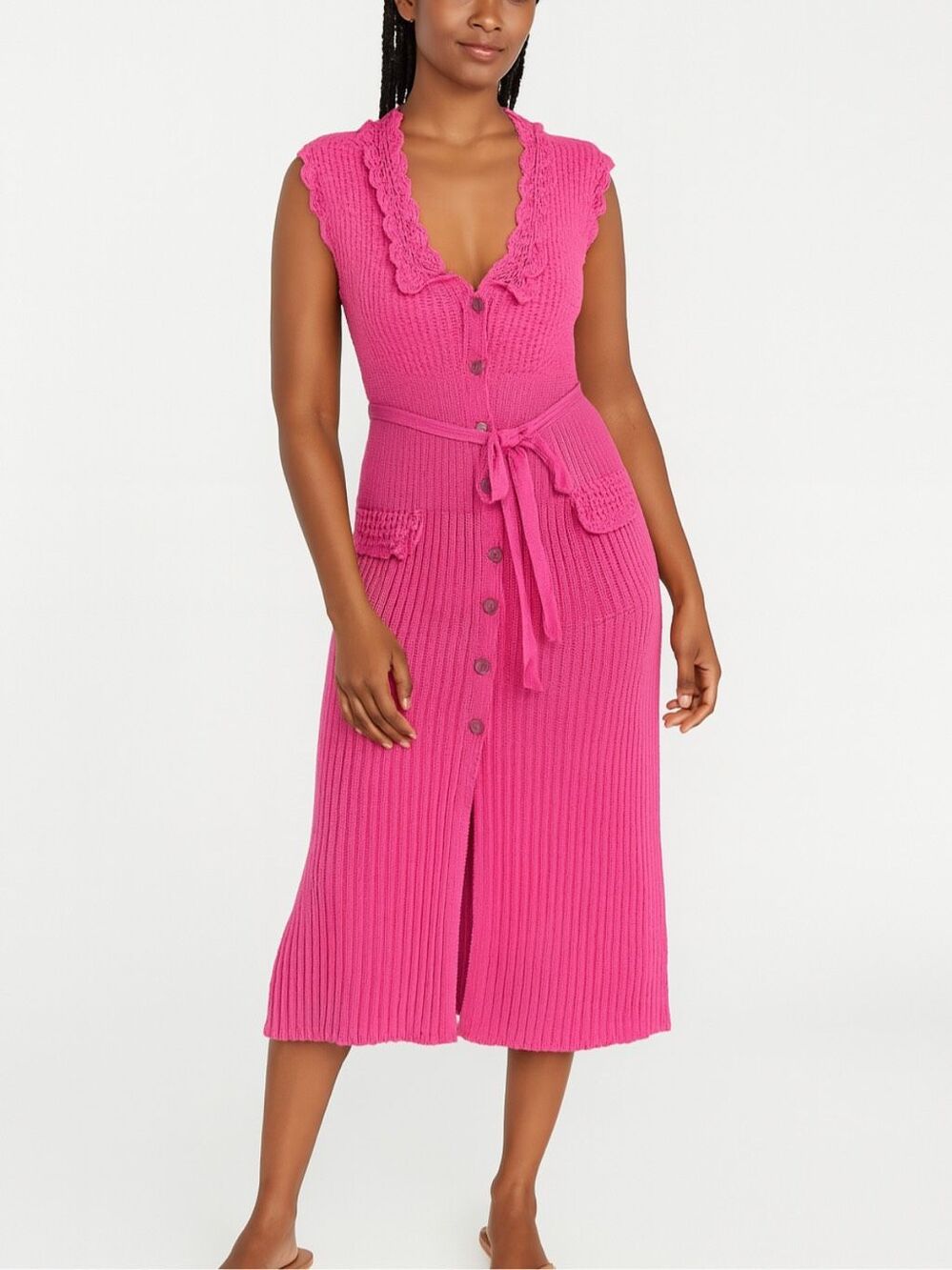 April Cornell Sweet Devine Pink Crochet Knit Sweater Coat Midi Dress Belted M